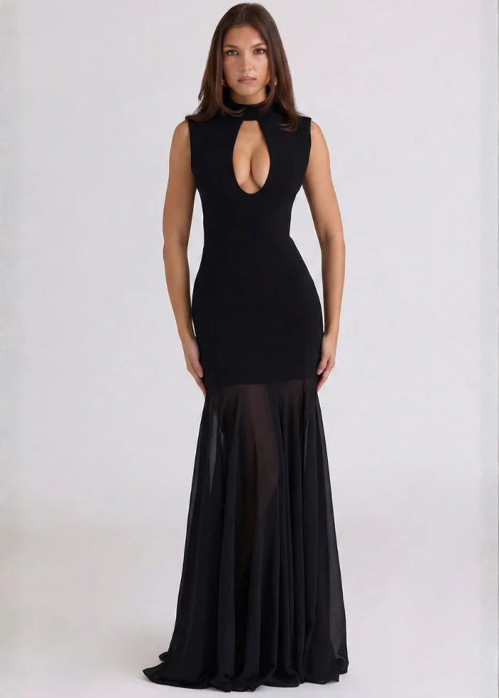 Black night gown featuring tulle detail Dress Tailor
