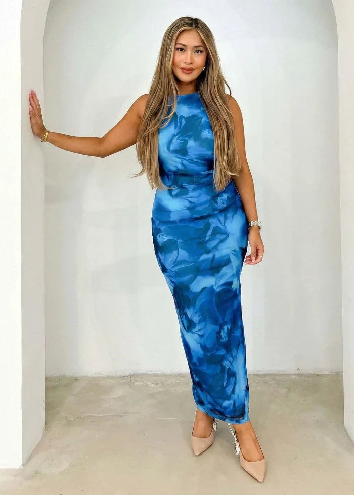 Blue floral print dress without sleeves Dress Tailor