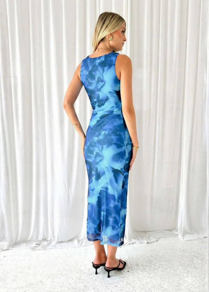 Blue floral print dress without sleeves Dress Tailor