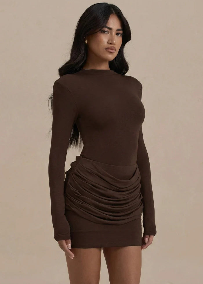 Brown draped long-sleeve dress Dress Tailor