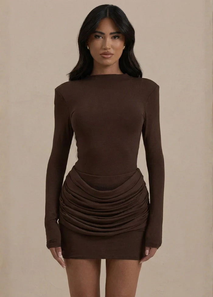 Brown draped long-sleeve dress Dress Tailor