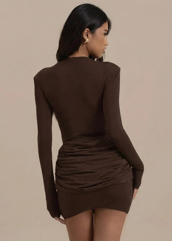Brown draped long-sleeve dress Dress Tailor