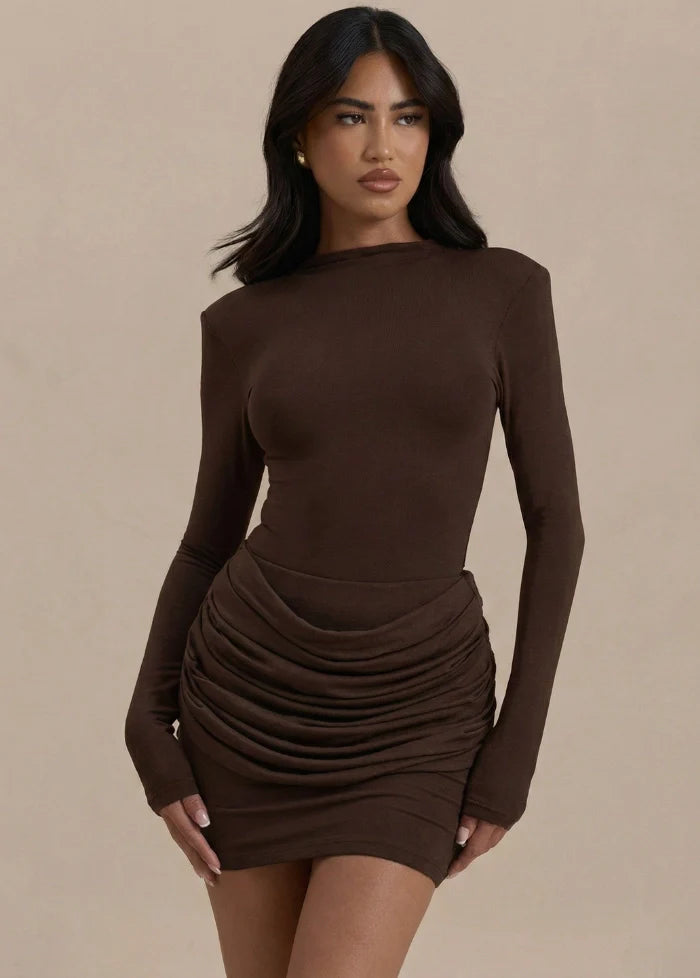 Brown draped long-sleeve dress Dress Tailor
