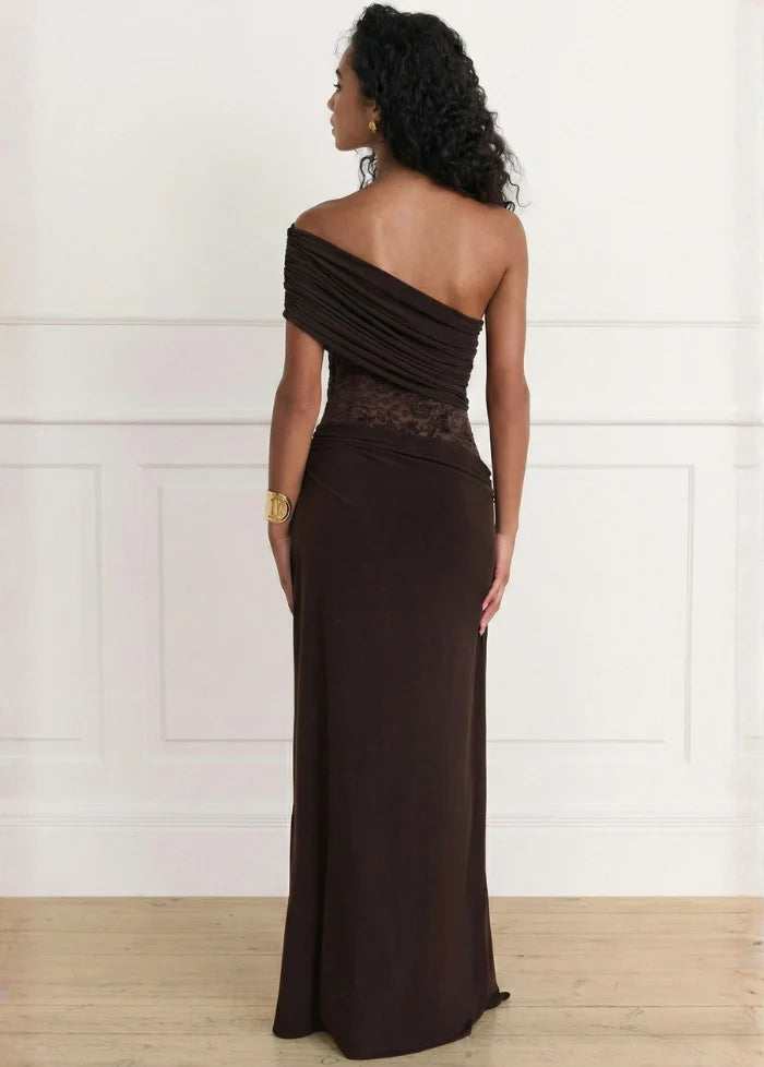 Brown gown featuring lace detail Dress Tailor