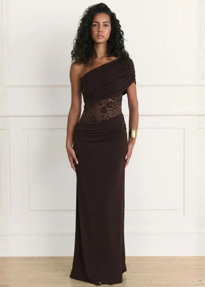 Brown gown featuring lace detail Dress Tailor