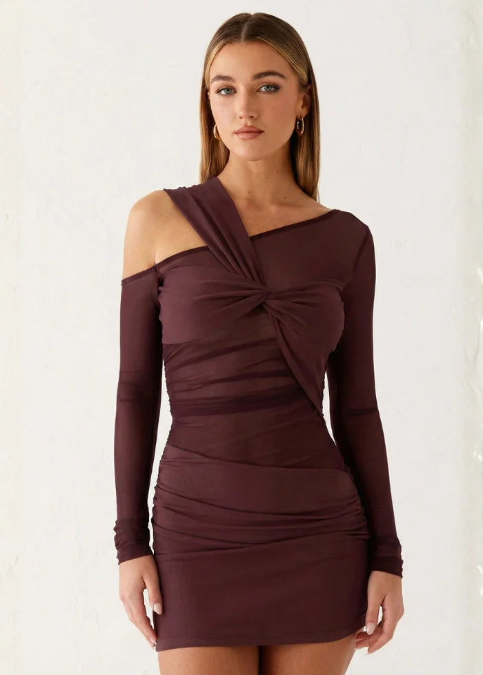 Brown mini dress with asymmetrical design Dress Tailor