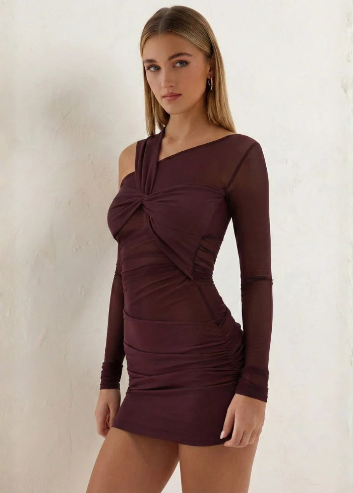 Brown mini dress with asymmetrical design Dress Tailor