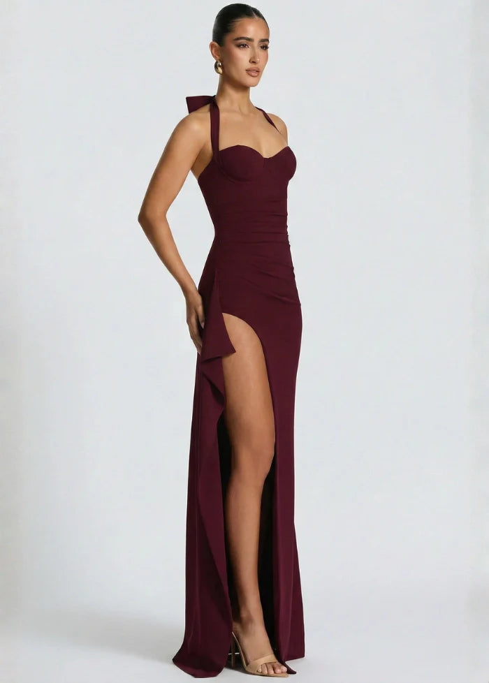 Burgundy gown featuring a slit and shoulder straps Dress Tailor