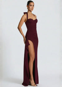Burgundy gown featuring a slit and shoulder straps Dress Tailor