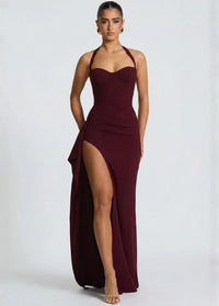 Burgundy gown featuring a slit and shoulder straps Dress Tailor