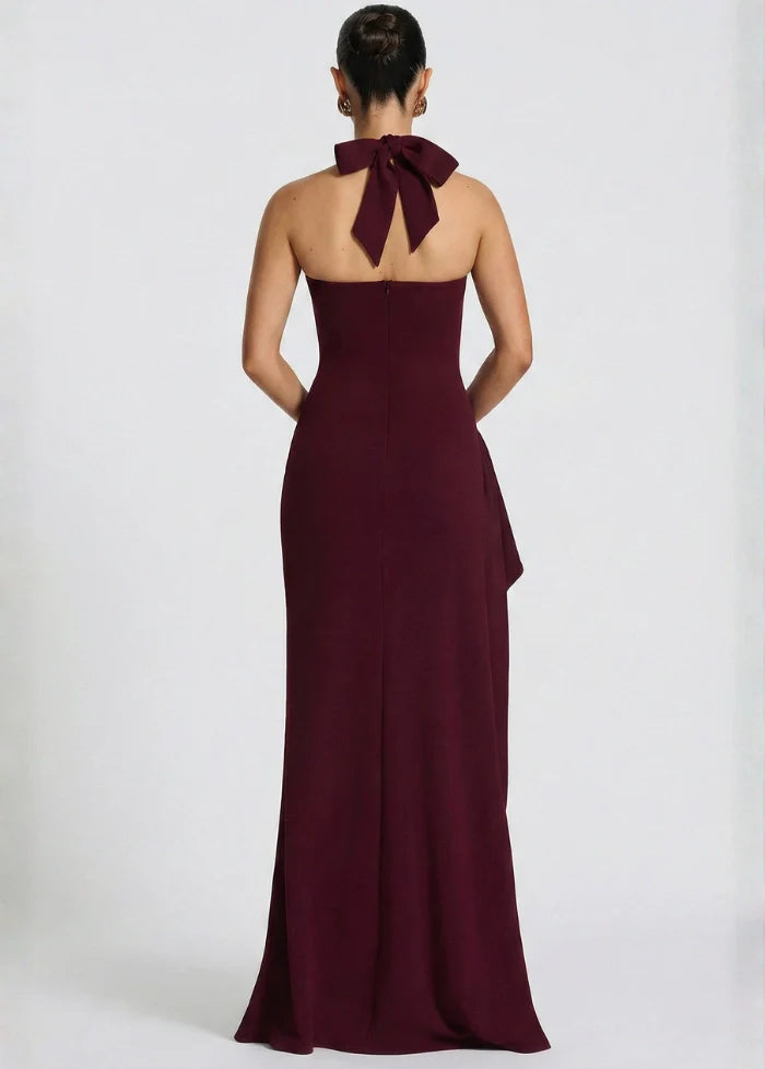 Burgundy gown featuring a slit and shoulder straps Dress Tailor