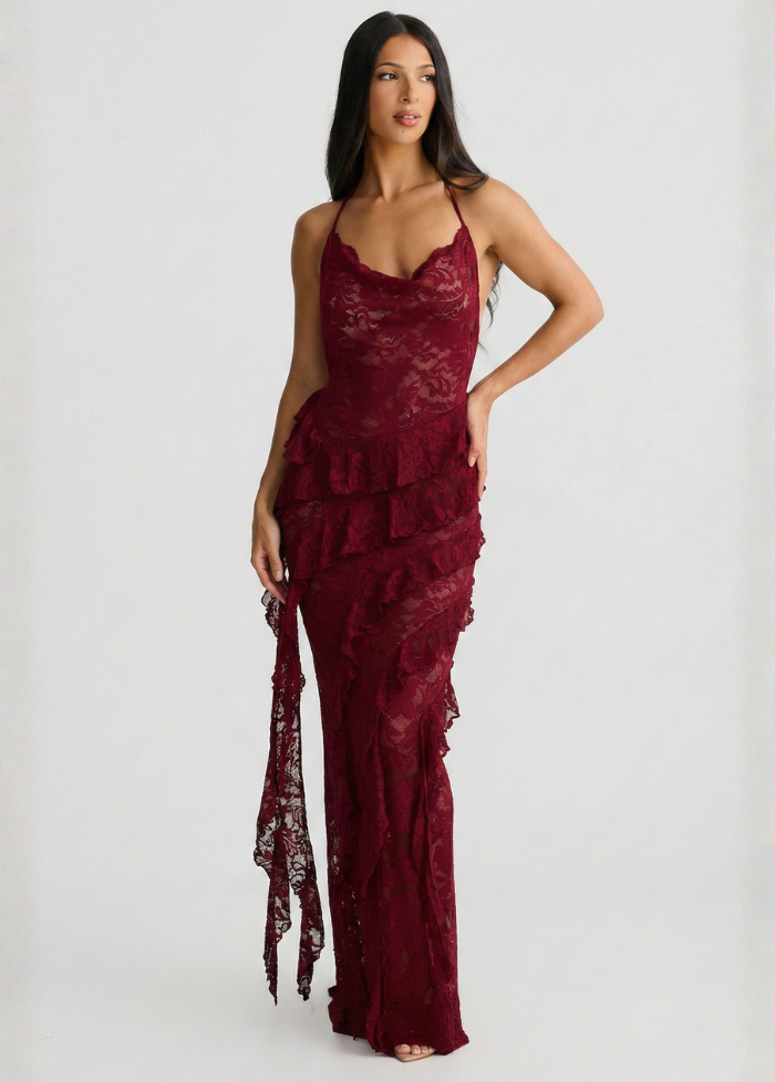 Burgundy lacy gown Dress Tailor