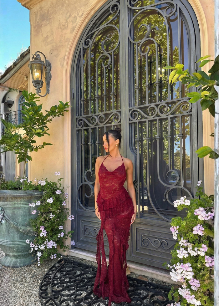 Burgundy lacy gown Dress Tailor