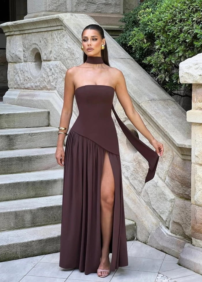 Strapless slit dress Marron / S Dress Tailor